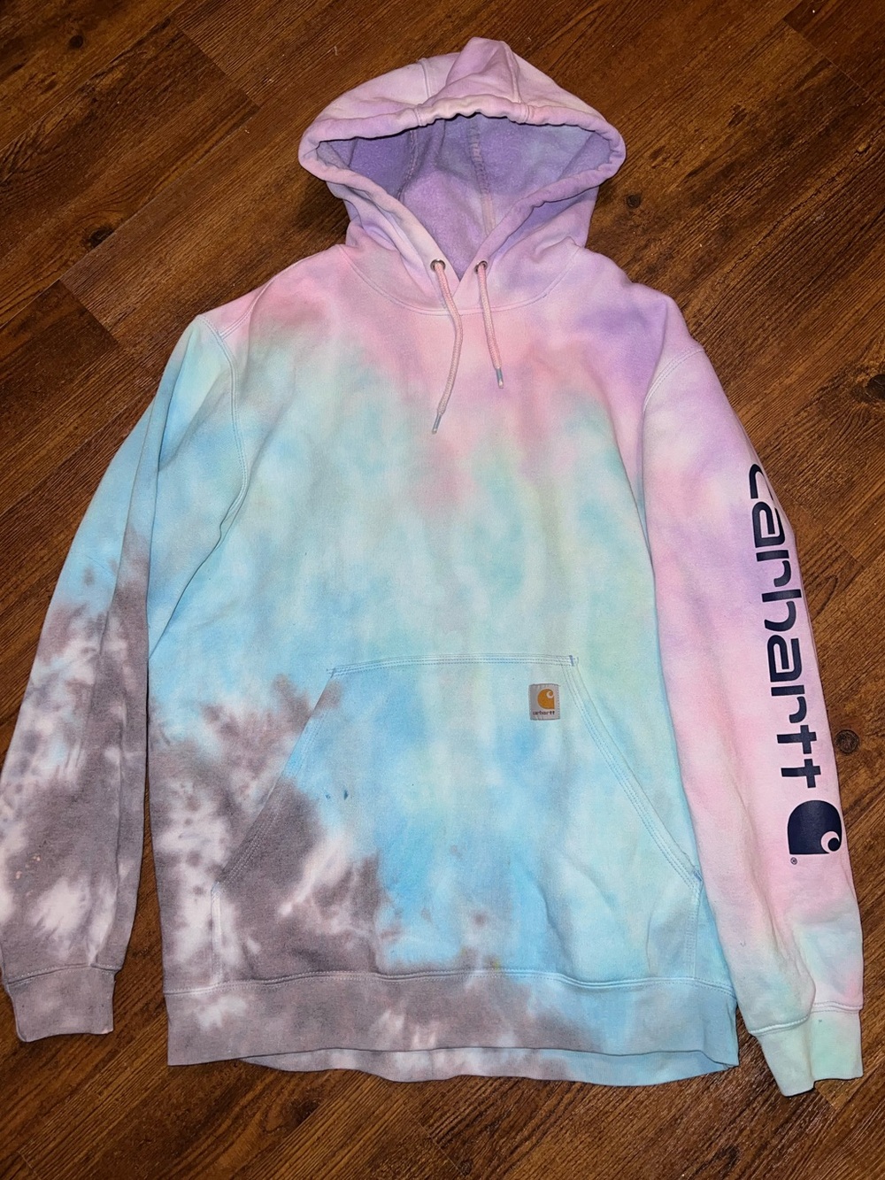 Carhartt Loose Fit Pastel Multicolor Tie-Dye Retro Logo Hoodie Size L - Picture 2 of 7